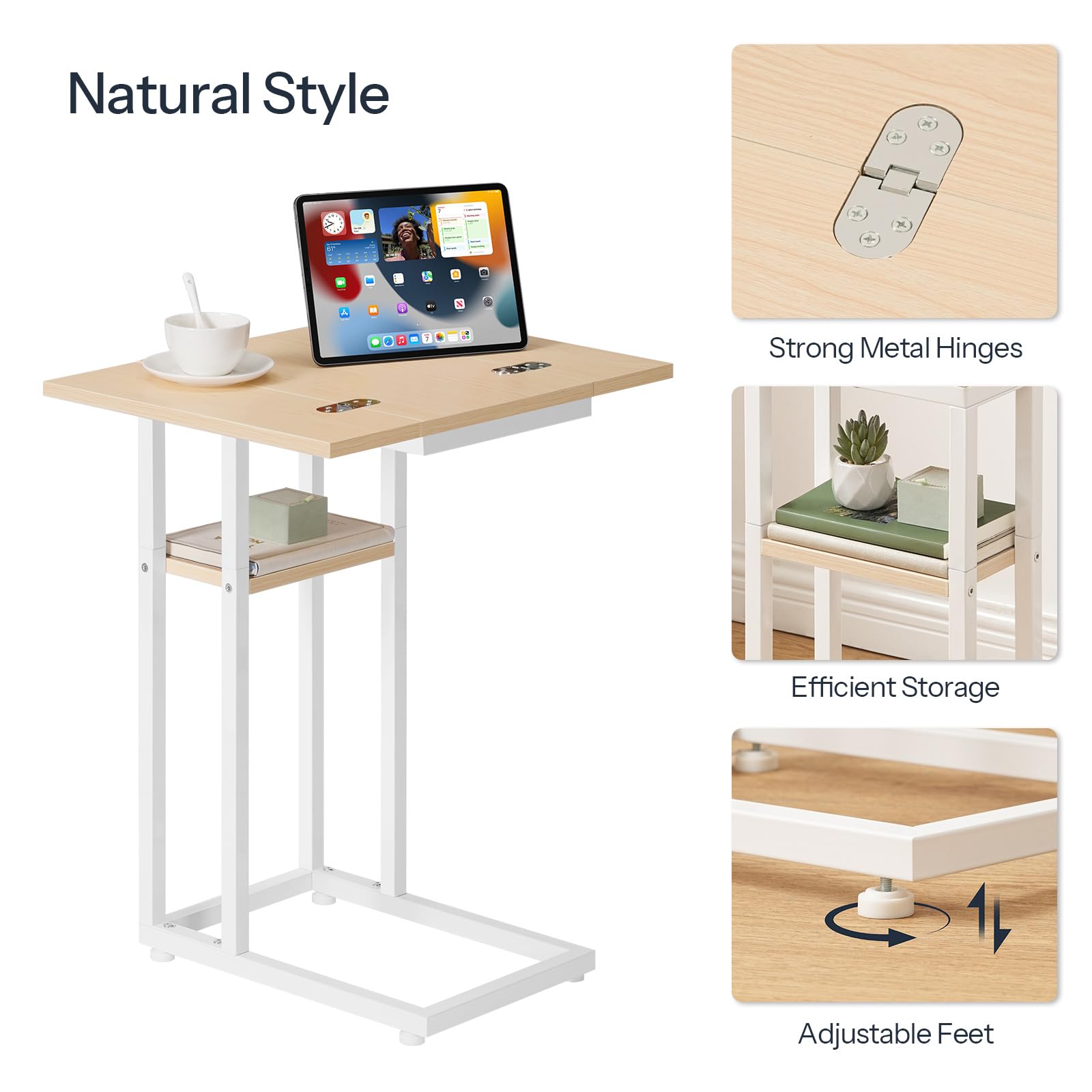 HOOBRO Foldable C Shaped End Table, C Shaped Side Table with Storage Shelf, Small Snack Table, Slide Under Couch Table for Sofa, Living Room Bedroom Small Spaces Easy Assembly, Black BK29SF01