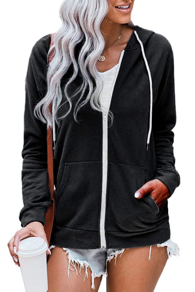 WROLEM Women Casual Full Zip Up Hoodie Comfy Loose Long Sleeve Sweatshirt Solid Color Jacket with Pockets