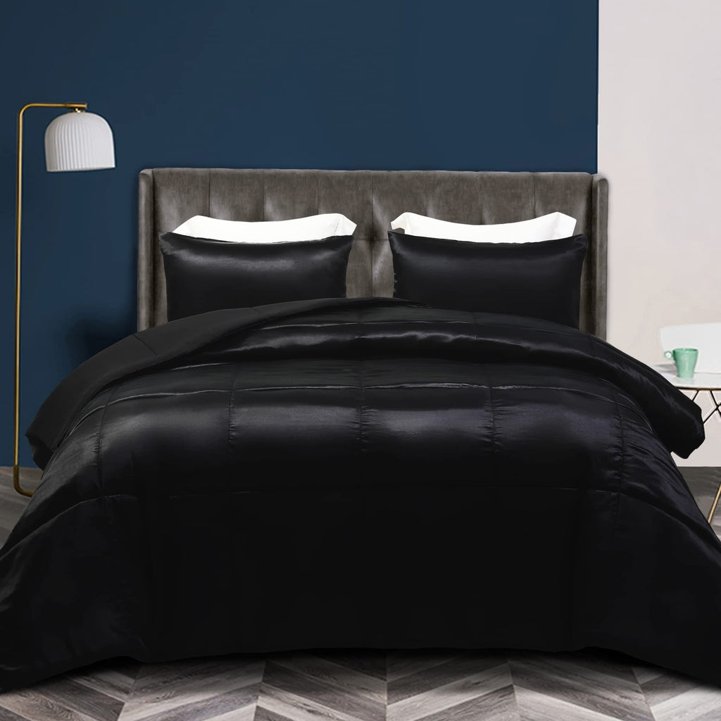 Whale Flotilla 2-Piece Reversible Silky Soft Twin Size Comforter Bedding Set, Luxurious Satin Comforters with Satin Pillowcase, Lightweight Duvet for All Seasons, Black