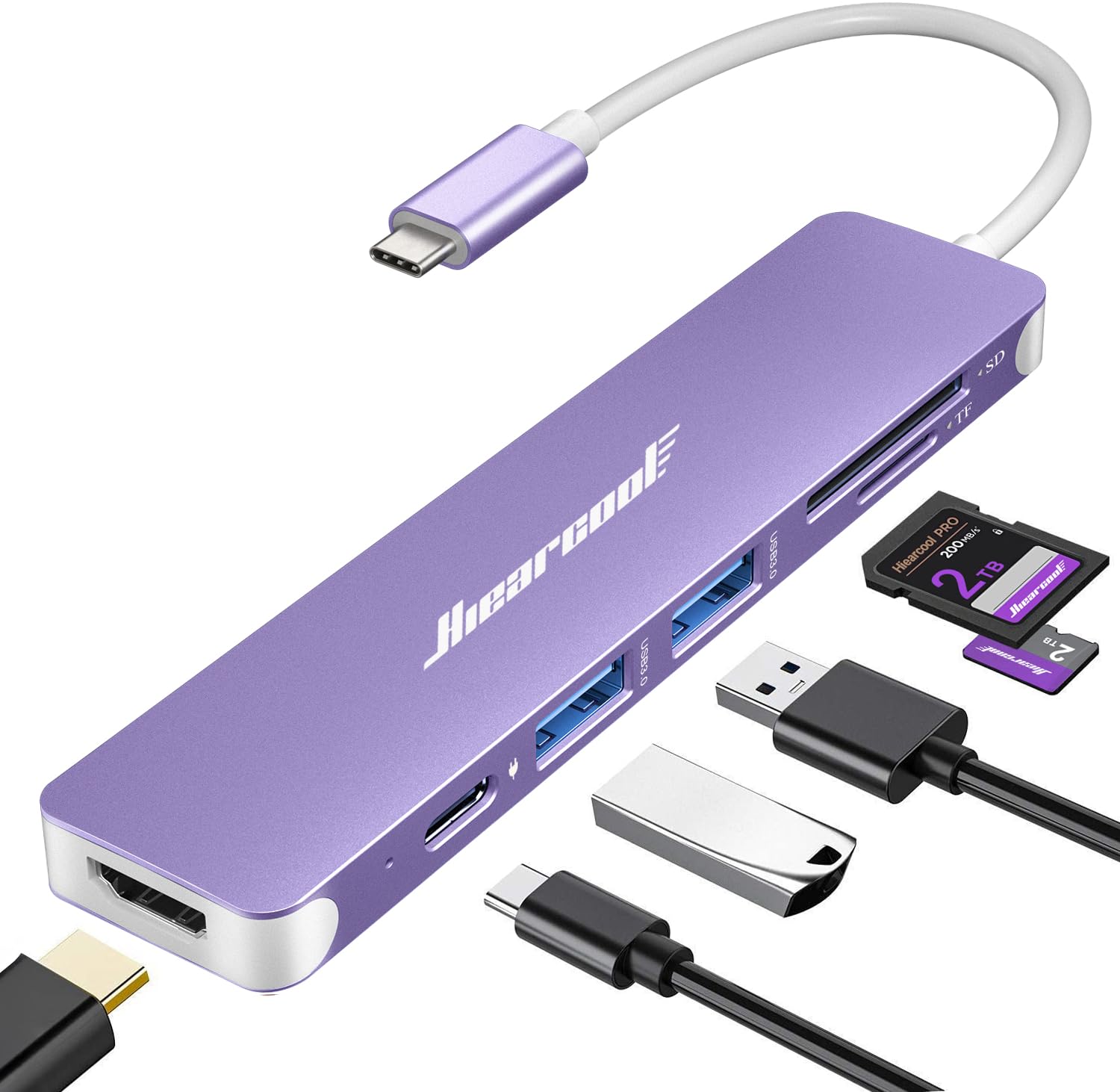 Hiearcool USB C Hub Multi-Port Adapter, 7-in-1 USB-C Dongle with 4K HDMI 100W PD SD/TF Card Reader, USBC Dock Compatible for MacBook Pro/Air Dell XPS Lenovo HP and Other Windows Laptops-Sliver White