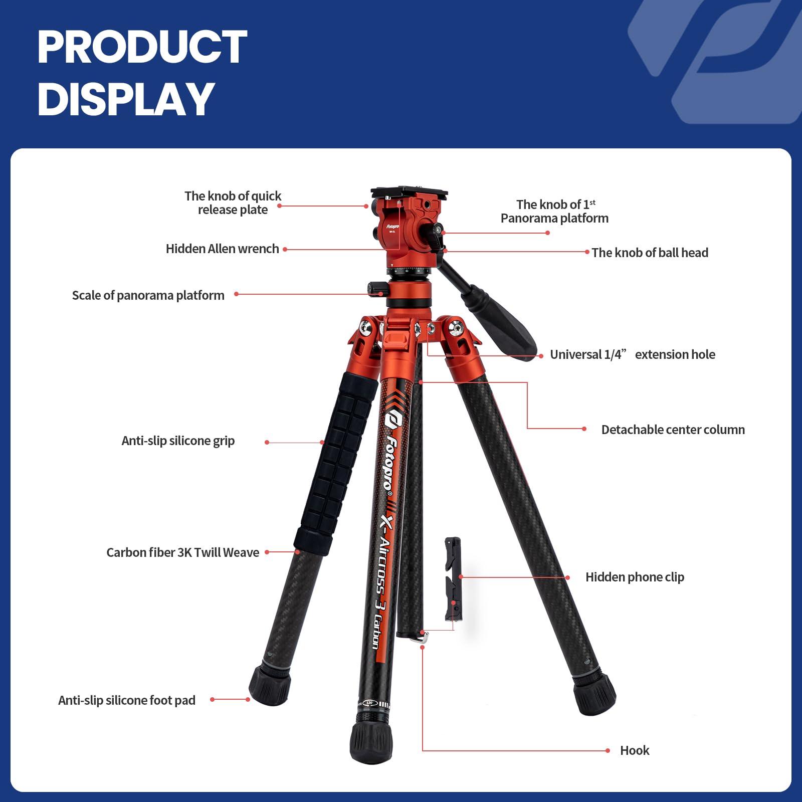 Fotopro 60" Camera Tripod, Carbon Fiber Travel Tripod with 360° Ball Head, Ultralight 2.1lbs, 22lbs Load, Quick Lock, Folds to 14.3" Carry-On, for DSLR Mirrorless Cameras, X-Aircross 3 Blue