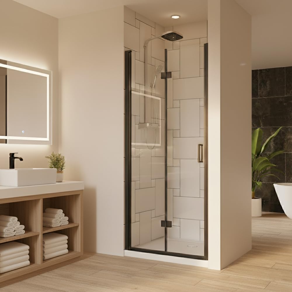 28” x 72” Pivot Shower Door, 1/4 inch Tempered Glass Panel Pivot Swing Shower Door in Matte Black Finish, Semi-Frameless Design