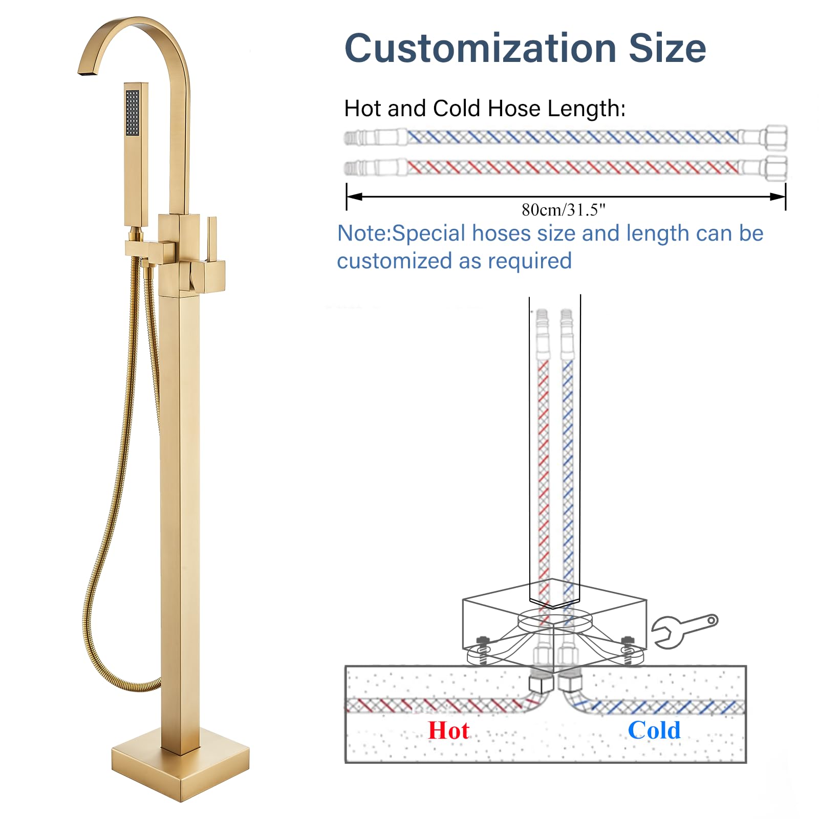 Brushed Gold Freestanding Bathtub Faucet with Hand Shower Tub Filler Faucet Floor Mounted High Flow Single Handle Bath Filler Solid Brass