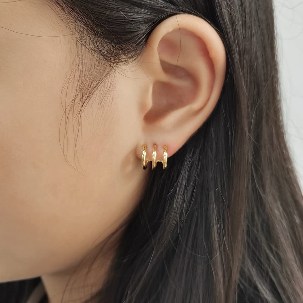 Obidos 14K Gold Plated Illusion Stud Earrings for Women | Triple Huggie Hoop Earrings for One Hole| Trendy Simple Hypoallergenic Fashion Accessories Gold Jewelry Gifts for Womens