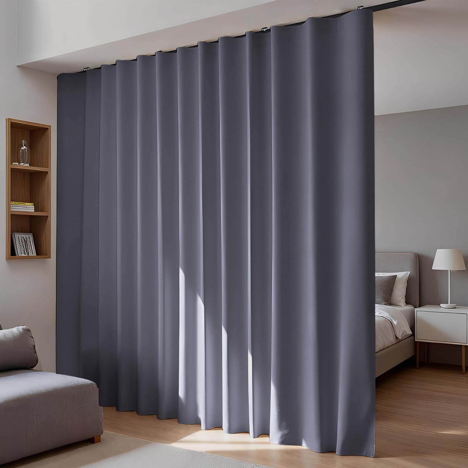 Room Divider Blackout Curtains Flexible Sliding Tracks Sets Ceiling Mounted Rod Window Curtain Privacy Separation for Bedroom Living Rooms,1 Panel Beige Drape and Black Track Set-W108xH72 in