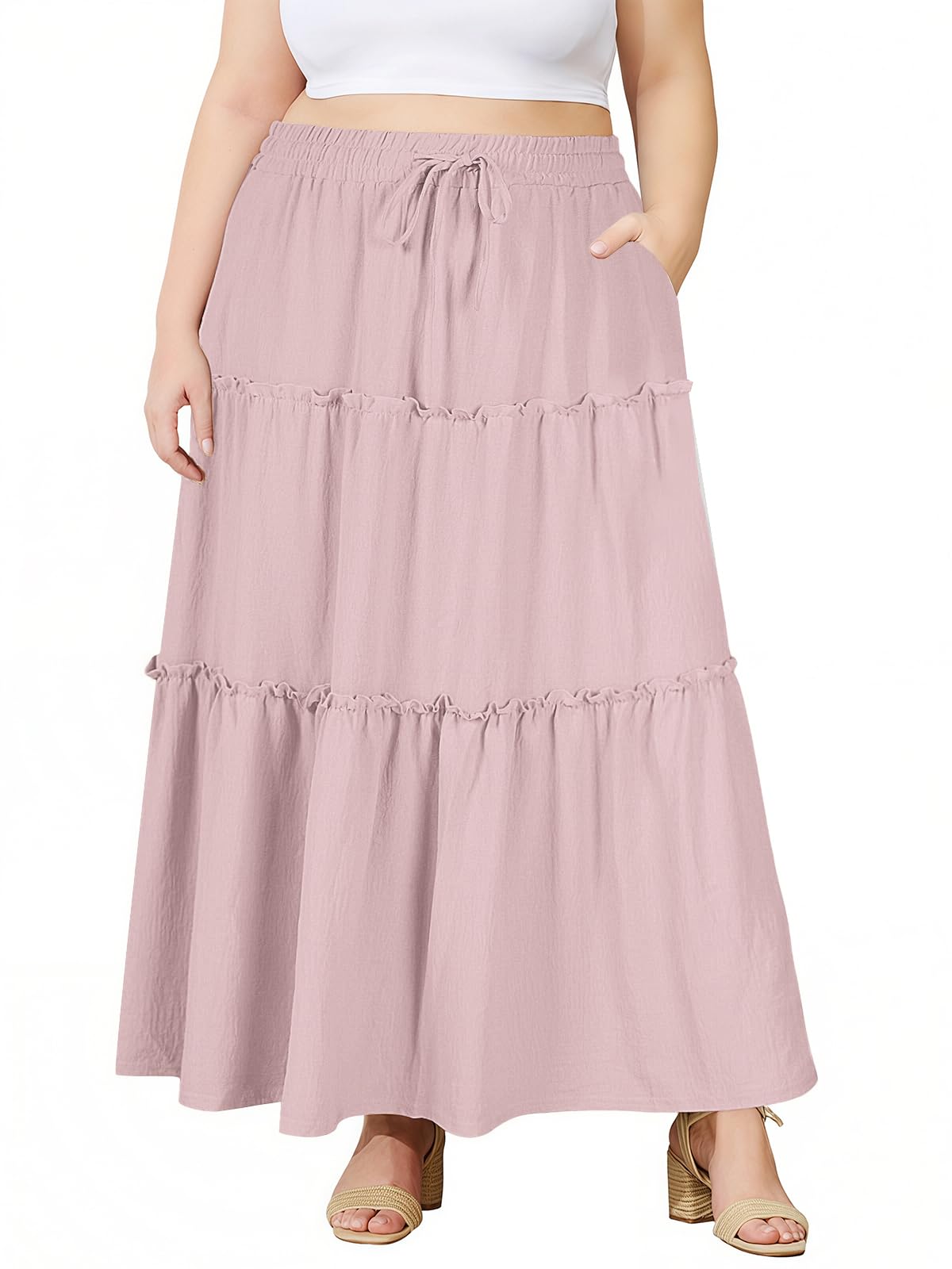 Moon Wood Plus Size Maxi Skirts for Women Trendy Long Flowy Boho Tiered Skirt Renaissance Summer Beach Skirt with Pockets