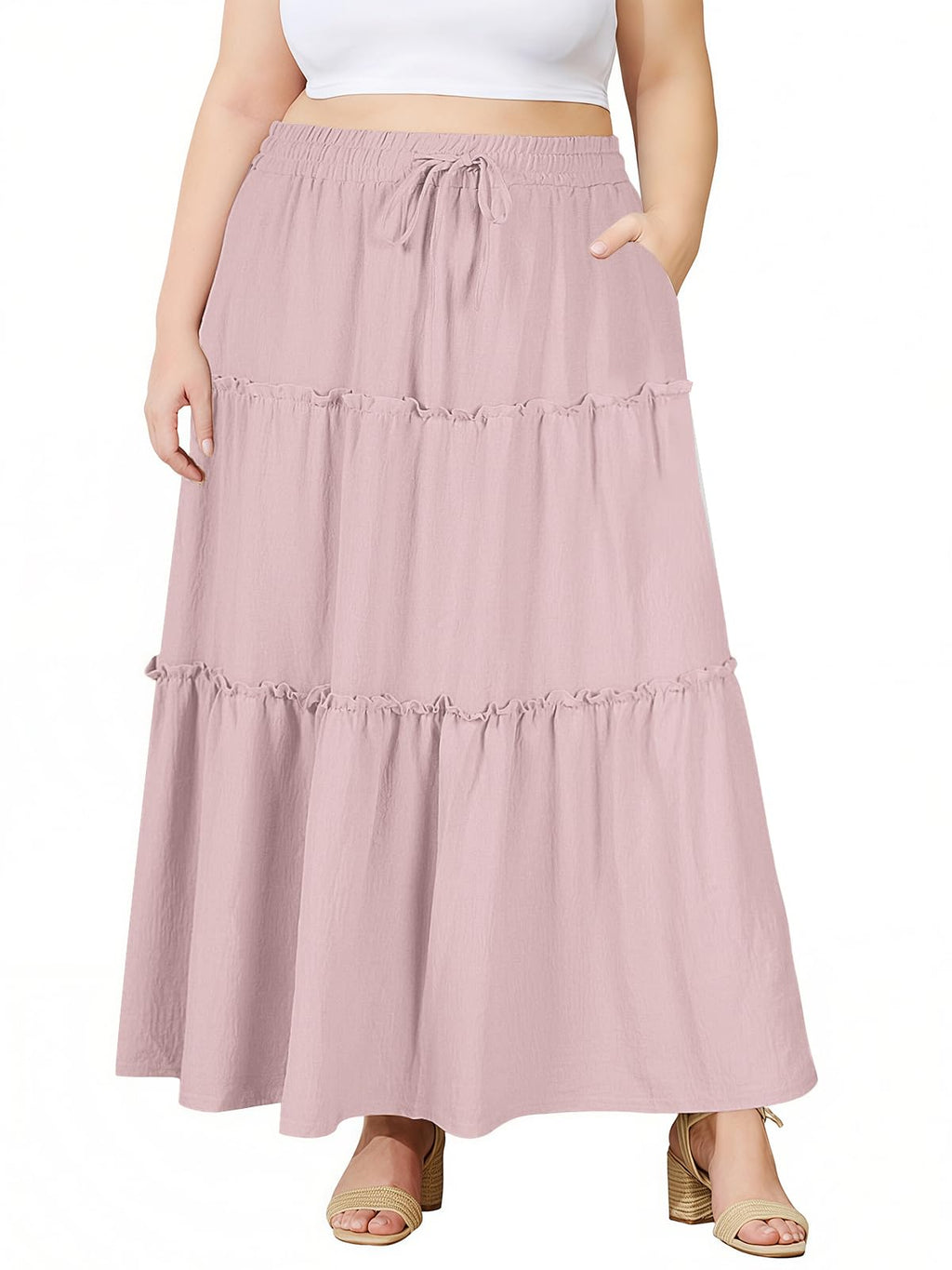 Moon Wood Plus Size Maxi Skirts for Women Trendy Long Flowy Boho Tiered Skirt Renaissance Summer Beach Skirt with Pockets