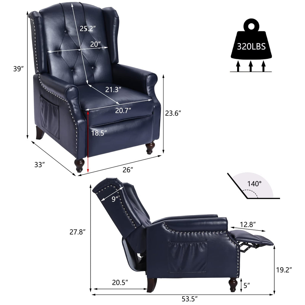 Wingback Chair with Massage and Heat, Tufted Fabric Pushback Recliner Chair, Wingback Recliner Chair with Remote Control, Padded Cushion, Wooden Legs, Small Recliners for Small Spaces