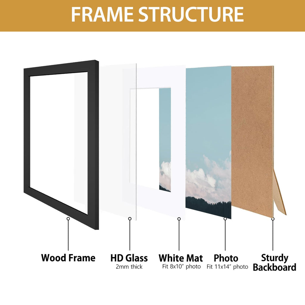 Califortree Black 11x14 Picture Frame - Display Photos 8x10 with Mat or 11x14 Without Mat - HD Glass Inside, Set of 2