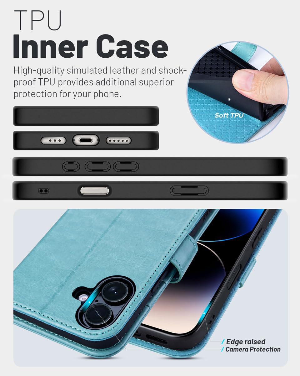 OCASE Compatible with iPhone 16 Wallet Case, PU Leather Flip Folio Case with Card Holders RFID Blocking Kickstand [Shockproof TPU Inner Shell] Phone Cover 6.1 Inch 2024, Black