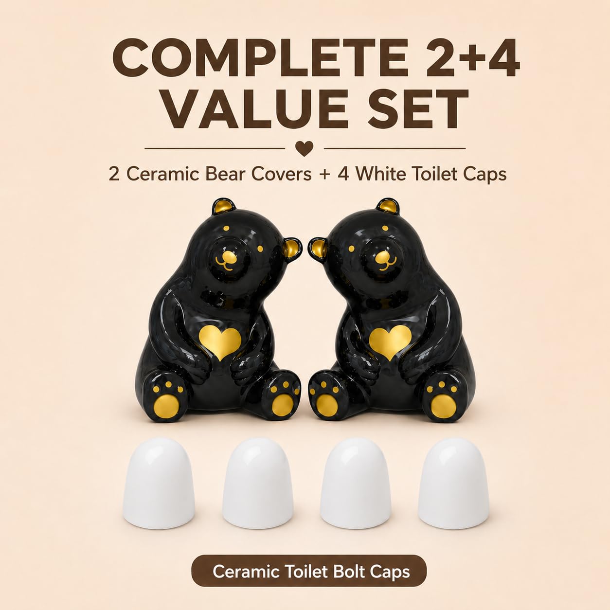 MENNTY Black Polar Bear Toilet Bolt Covers Decorative - 2 Glossy Black Ceramic Toilet Bolt Caps + 4 Universal Toilet Caps for Bottom of Toilet, Modern Monochrome Bathroom Decor