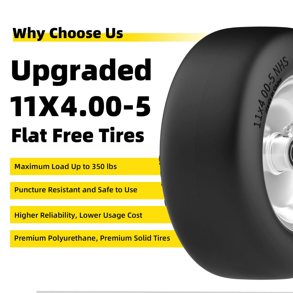 RONPOW 11x4.00-5 Lawn Mower Tires Flat Free and Wheel, 11x4-5 Solid Front Tires for Zero Turn Mower, 350Lbs Load, 3/4", 5/8" and 1/2" Bearings, 3.4"-5.8" Hub for Residential Commercial, 2Pack Gray