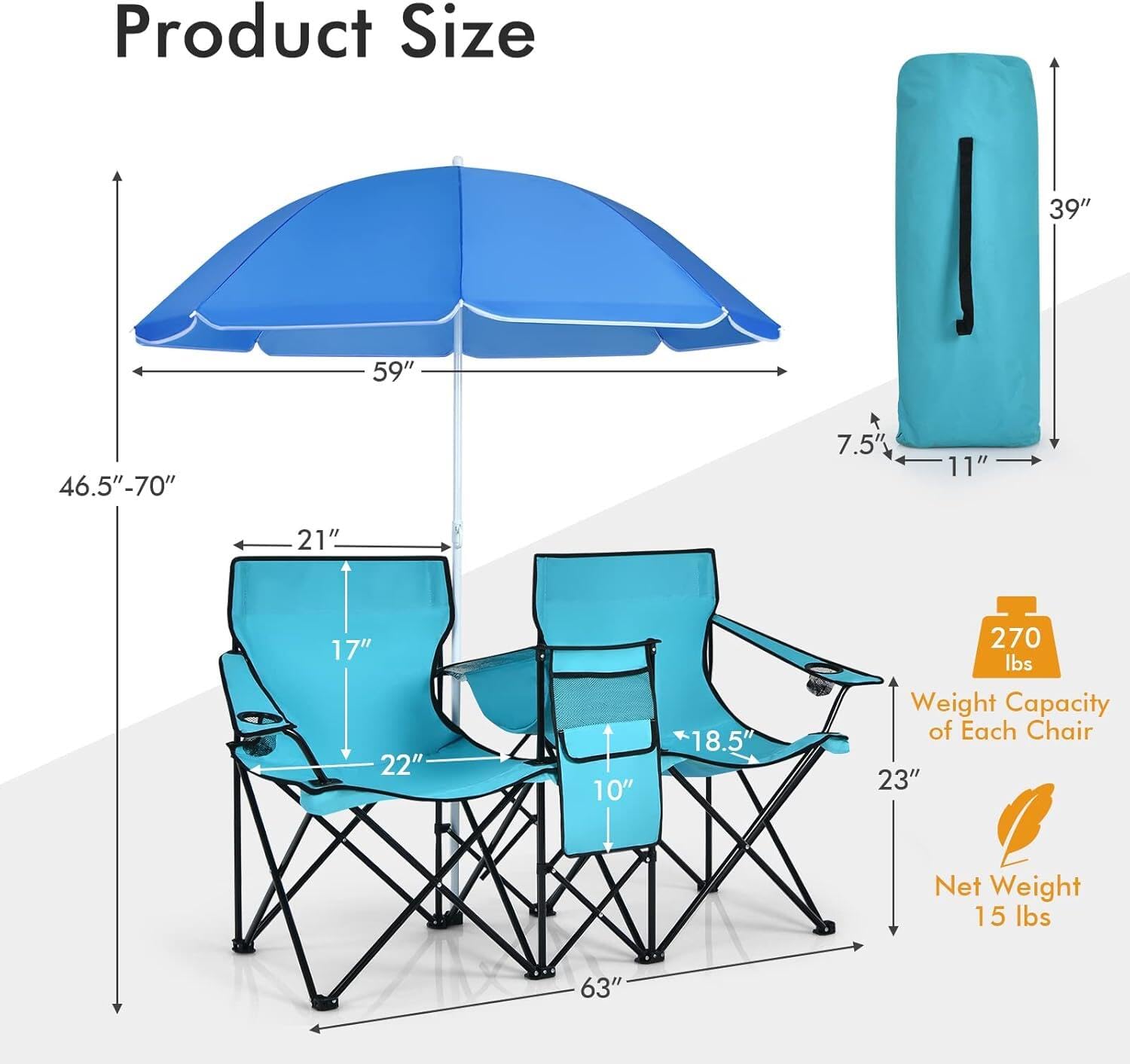 COSTWAY Double Portable Picnic Chairs, Folding Camping Chairs w/Detachable Umbrella, Cooler Bag, Cup Holders, Patio Beach Camping Chairs for Outdoors