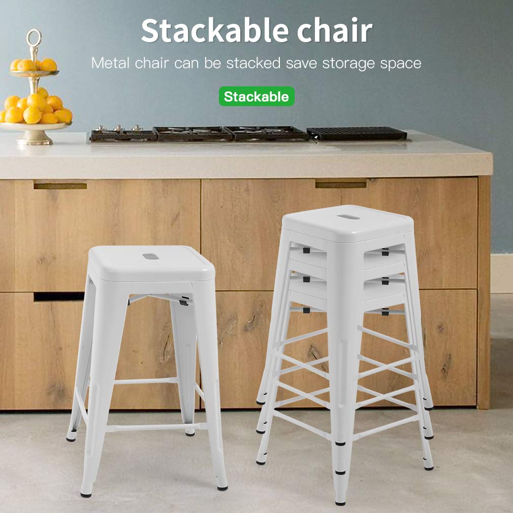 FDW Metal Bar Stools Set of 4 Counter Height Bar Stools 24 Inches Industrial Bar Chairs Patio Stool Stackable Backless Stool Indoor Outdoor Metal Kitchen Stools Bar Chairs (Black, 24")