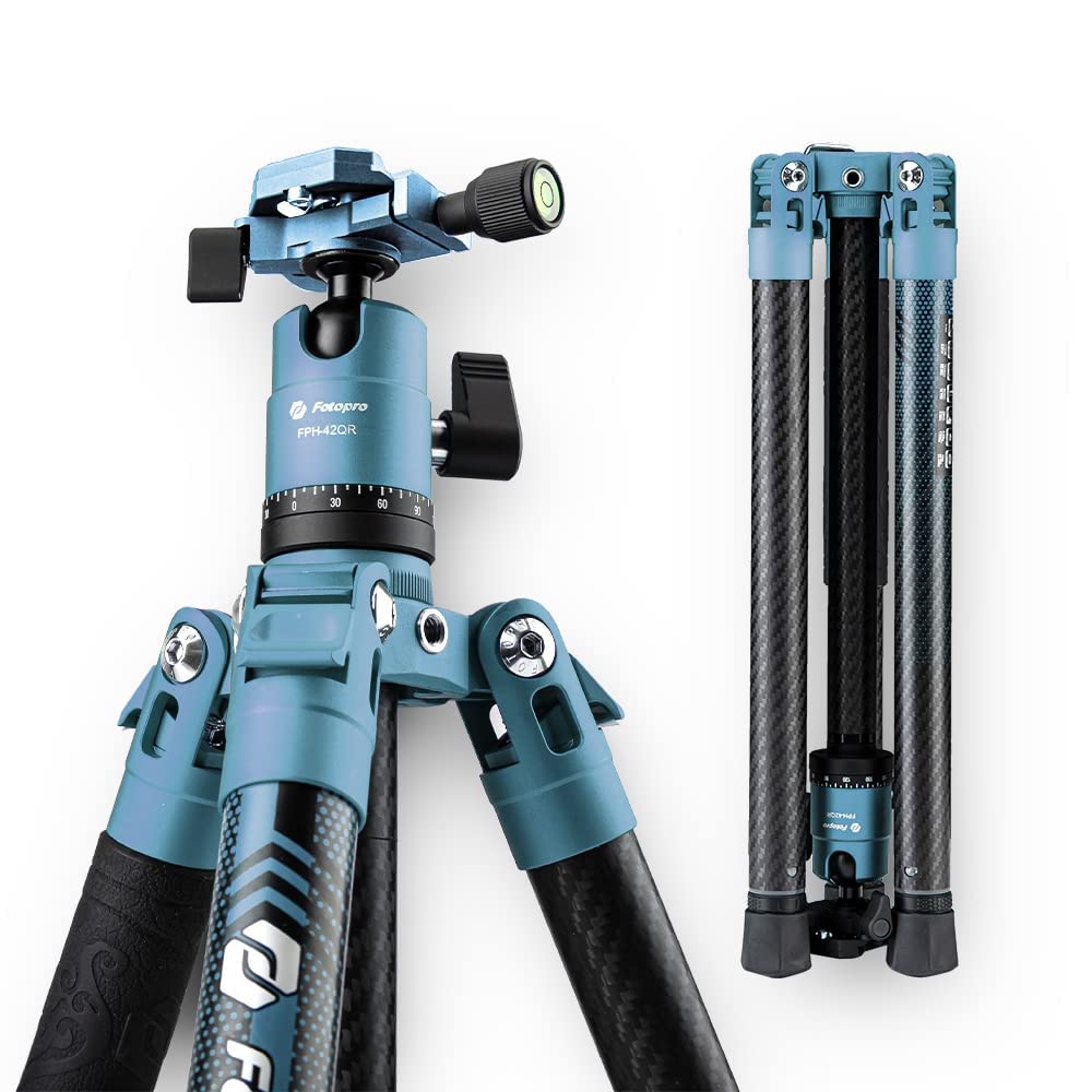 Fotopro 60" Camera Tripod, Carbon Fiber Travel Tripod with 360° Ball Head, Ultralight 2.1lbs, 22lbs Load, Quick Lock, Folds to 14.3" Carry-On, for DSLR Mirrorless Cameras, X-Aircross 3 Blue