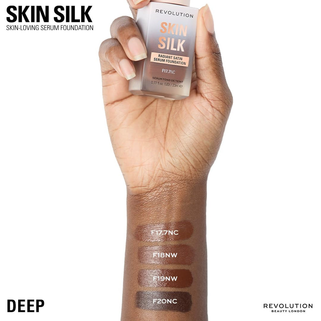 Revolution Skin Silk Radiant Satin Serum Foundation, Buildable Coverage with Hydrating Hyaluronic Acid for a Natural Finish, Vegan & Cruelty-Free, F0.5C Fair Skin Tones, 0.77 fl oz
