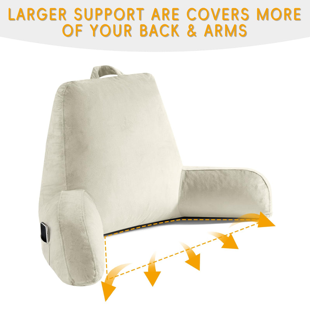 OAISZ Reading Pillow for Sitting in Bed Adult, Reading Pillow with Shredded Memory Foam, Bed Pillow with Washable Cover, Back Pillow Sitting Up with Extend Arms, Beige, X-Large