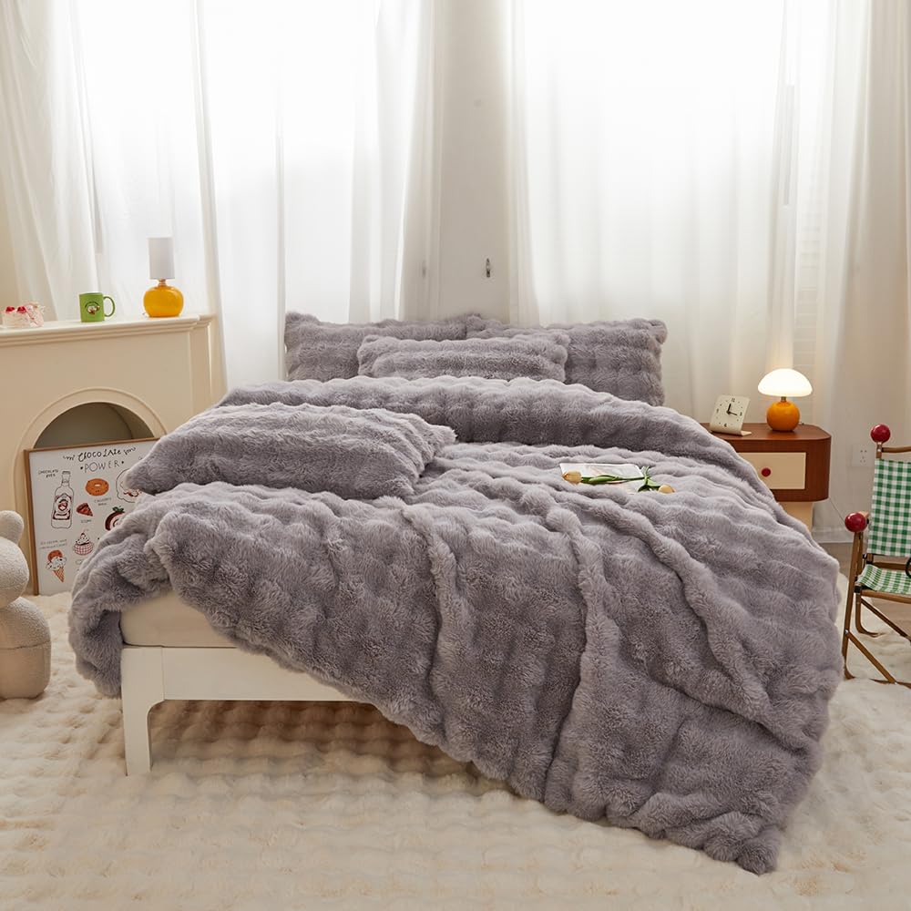Faux Fur Kids Girls Purple Rainbow Comforter Sets Twin/Full - 3PC Bed Set Warm Comfortable Soft Plush Flannel Velvet Fluffy Fuzzy Bedding（Comforter x 1 Pillowcases x 2）