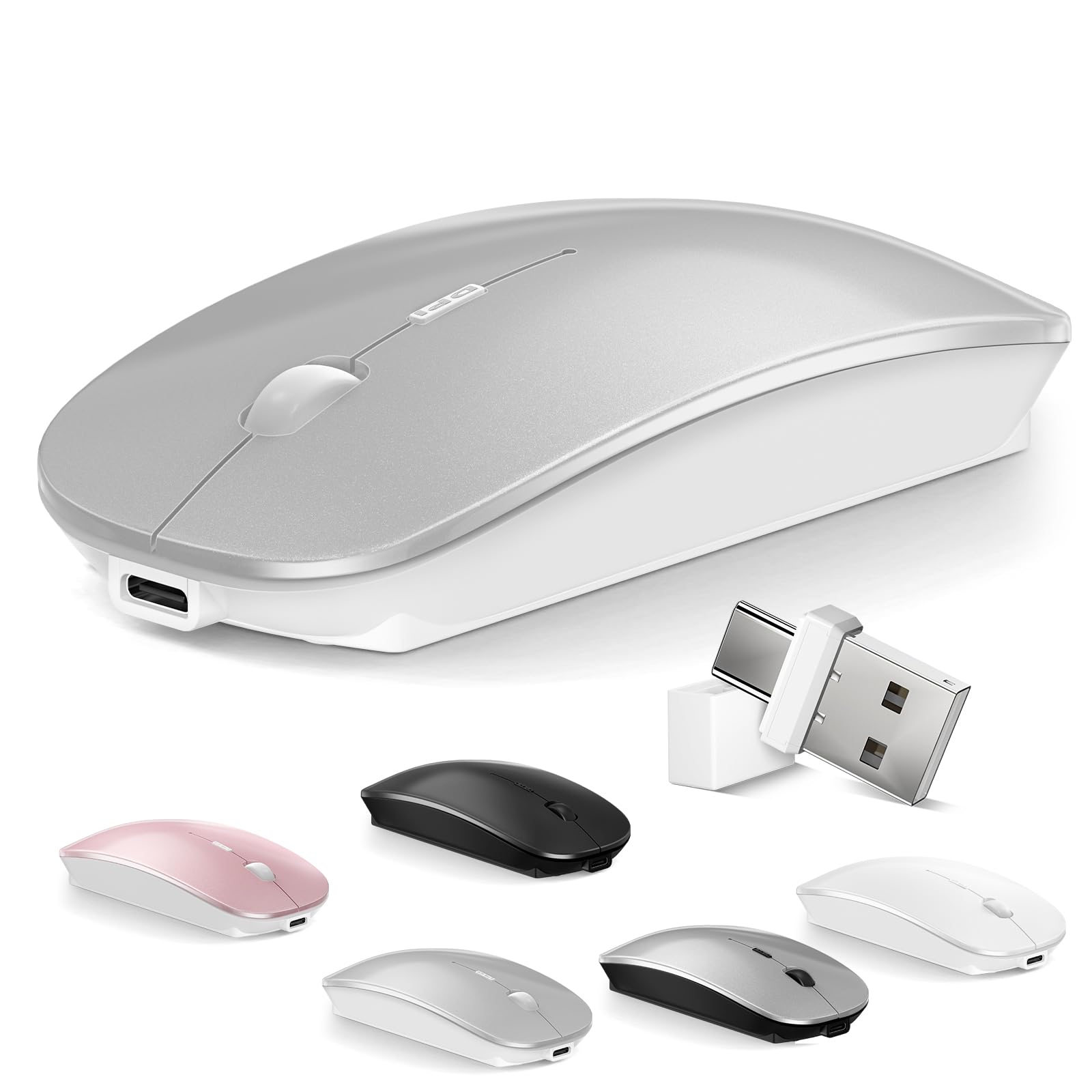 Mouse for MacBook Wireless Bluetooth Mouse Laptop MacBook Air Mac Pro Rechargeable Silent PC iPad Optical Mouse with Dual Mode Switch Bluetooth 5.2/3.0 and 2.4GHz USB Type-C Receiver Rose Gold