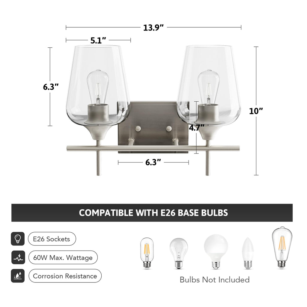VONLUCE Bathroom Vanity Light, 2 Light Bathroom Light Fixture Over Mirror, Bathroom Wall Lamp with Clear Glass, Modern Brushed Nickel Vanity Lighting fixtures for Bathroom, Bedroom, Hallway