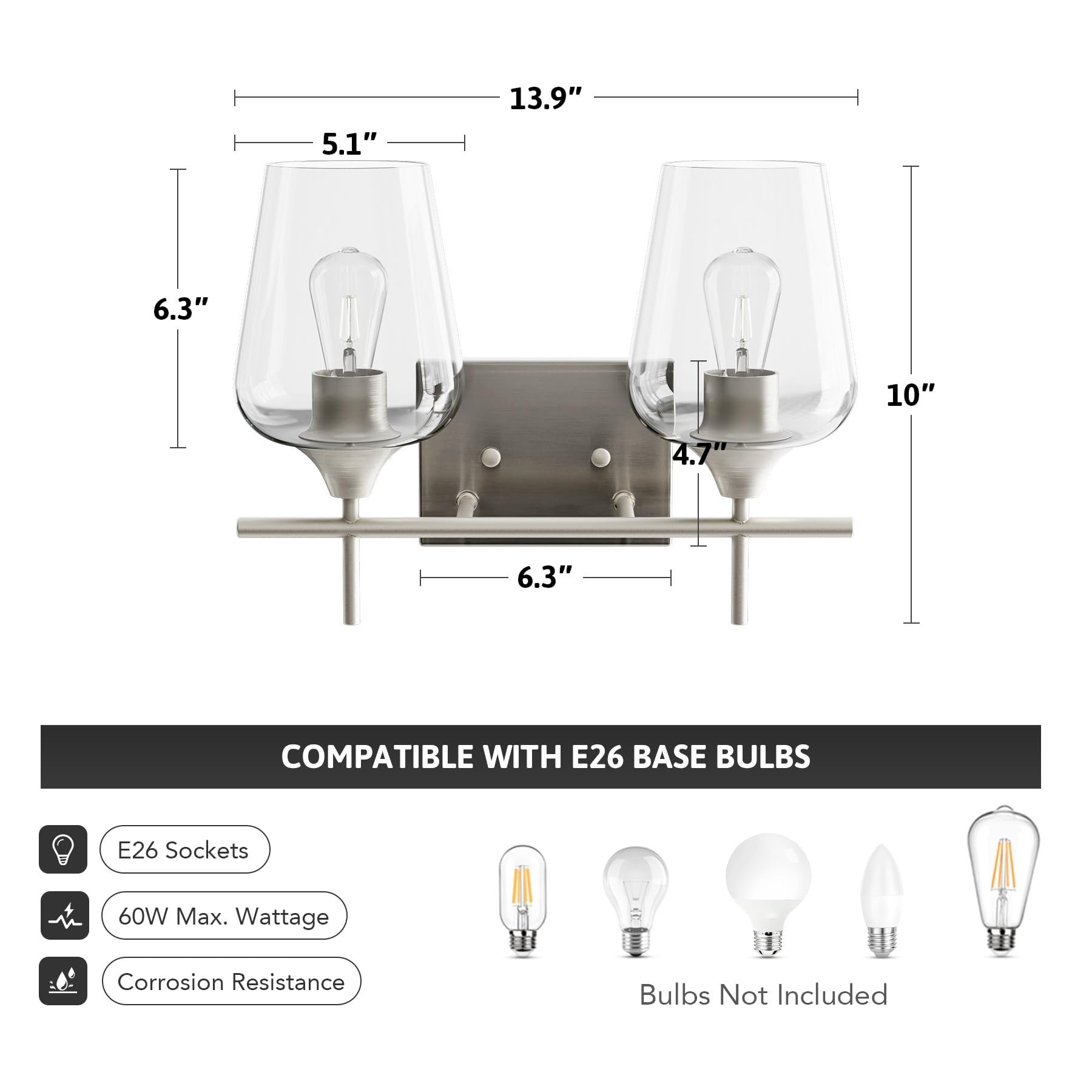 VONLUCE Bathroom Vanity Light, 2 Light Bathroom Light Fixture Over Mirror, Bathroom Wall Lamp with Clear Glass, Modern Brushed Nickel Vanity Lighting fixtures for Bathroom, Bedroom, Hallway