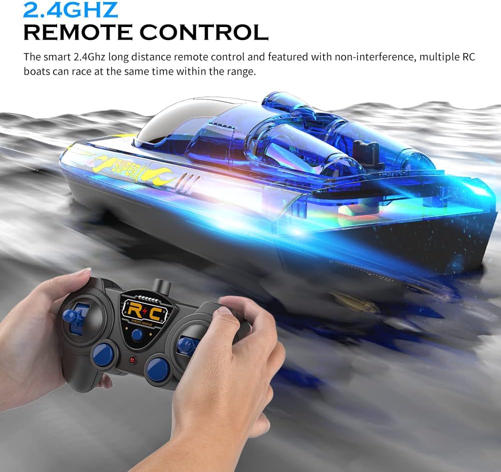 Akargol RC Boat with LED - Remote Control Boat for Pools and Lakes 2.4 GHZ RC Boats with 2 Rechargeable Battery Whole Body Waterproof, Low Battery Alarm, Water Play Toy Gift for Boys&Girls