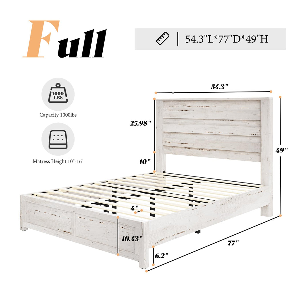 AMERLIFE Farmhouse Full Size Bed Frame with 49" Fluted Headboard, Wood Platform Bed with Natural Grain, No Box Spring Needed/Noise Free, Black