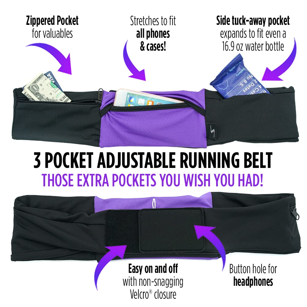 3 Pocket Adjustable Running Belt Waist Pack, Fanny Pack For Working Out With Sweat Resistant Backing, Holds All iPhone Models (Black/Black, X-Small)