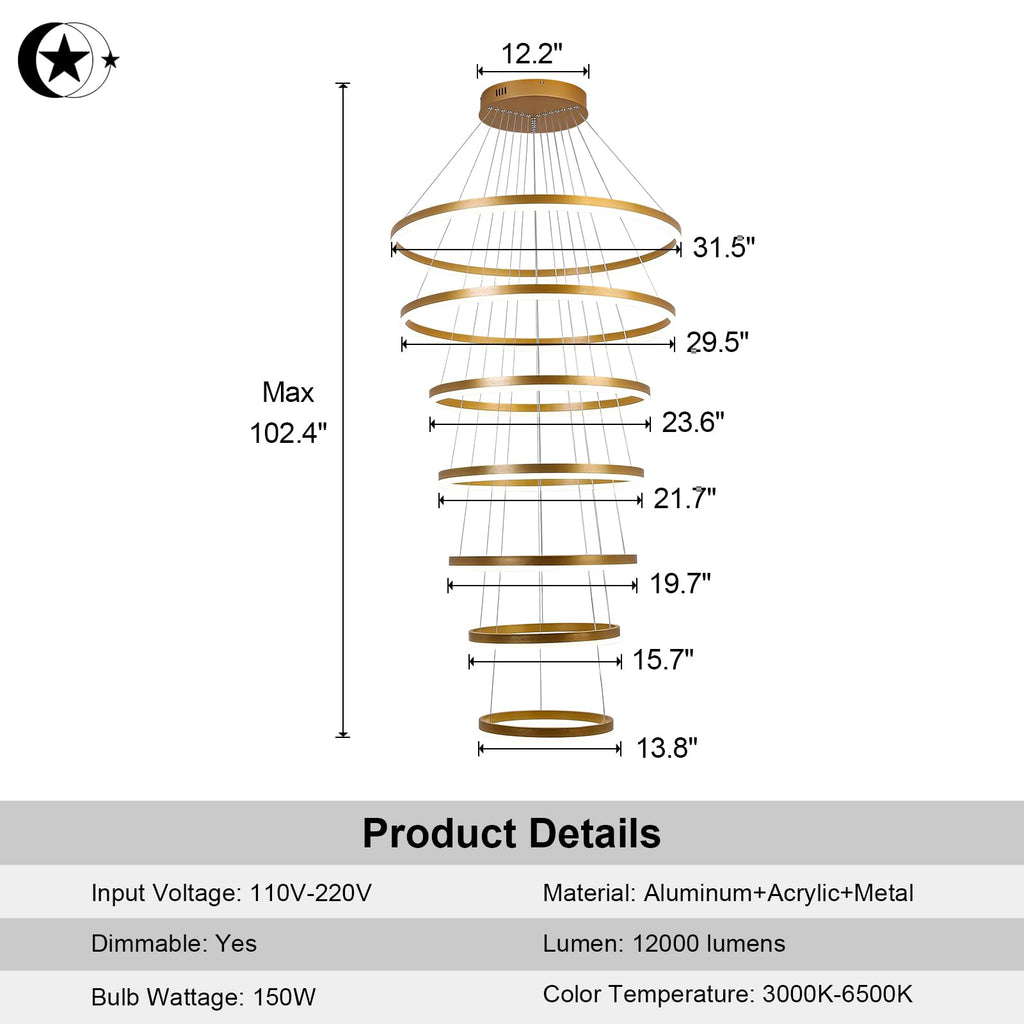 5-Rings Modern LED Chandelier Black Dimmable High Ceiling Chandelier for Dining Room with Remote Control for Foyer Living Room Entryway Staircase(D23.6’’, 3000K-6500K)