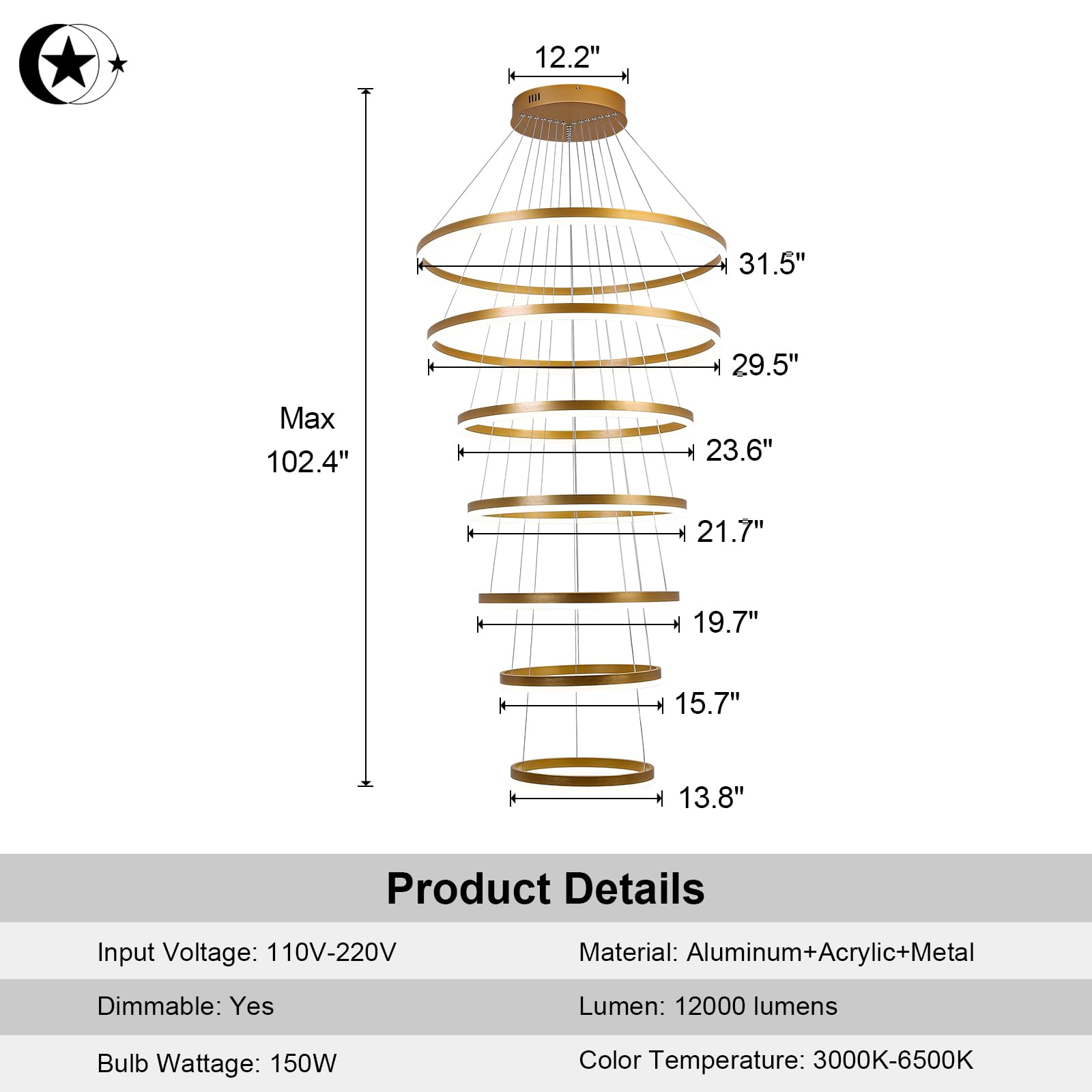 5-Rings Modern LED Chandelier Black Dimmable High Ceiling Chandelier for Dining Room with Remote Control for Foyer Living Room Entryway Staircase(D23.6’’, 3000K-6500K)