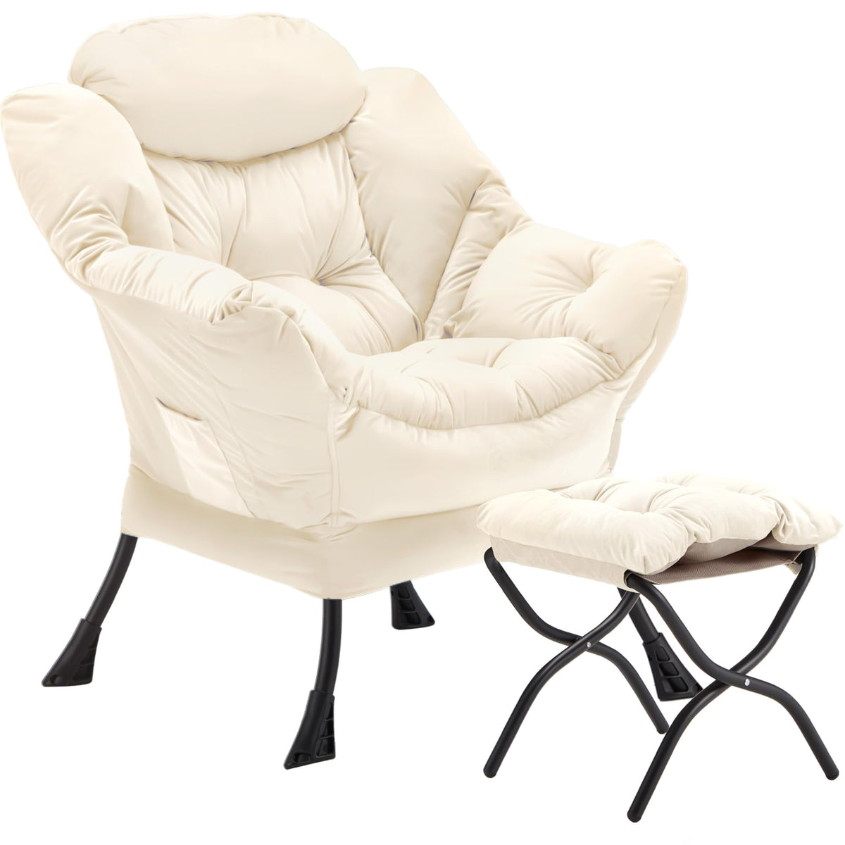 Youtanic Lazy Chair with Folding Ottoman, Accent Chair Velvet Upholstered with Metal Structure and Non-Slip Pads, Sofa Armchair with Footrest and Side Storage Bag for Dorm, Room, Office, Beige