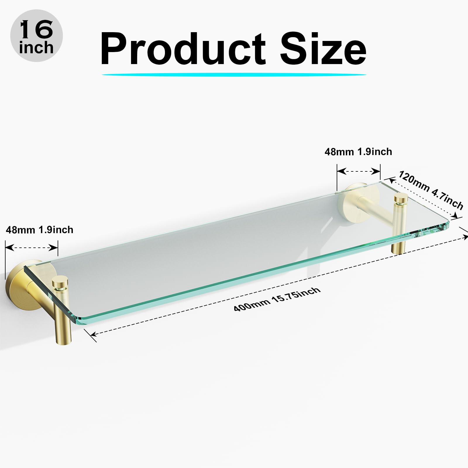 Glass Bathroom Shelves,Brushed Gold Floating Shelves for Wall Rectangular Modern Stainless Steel Glass Shelf for Bathroom Shelves wall Mounted 16 Inch