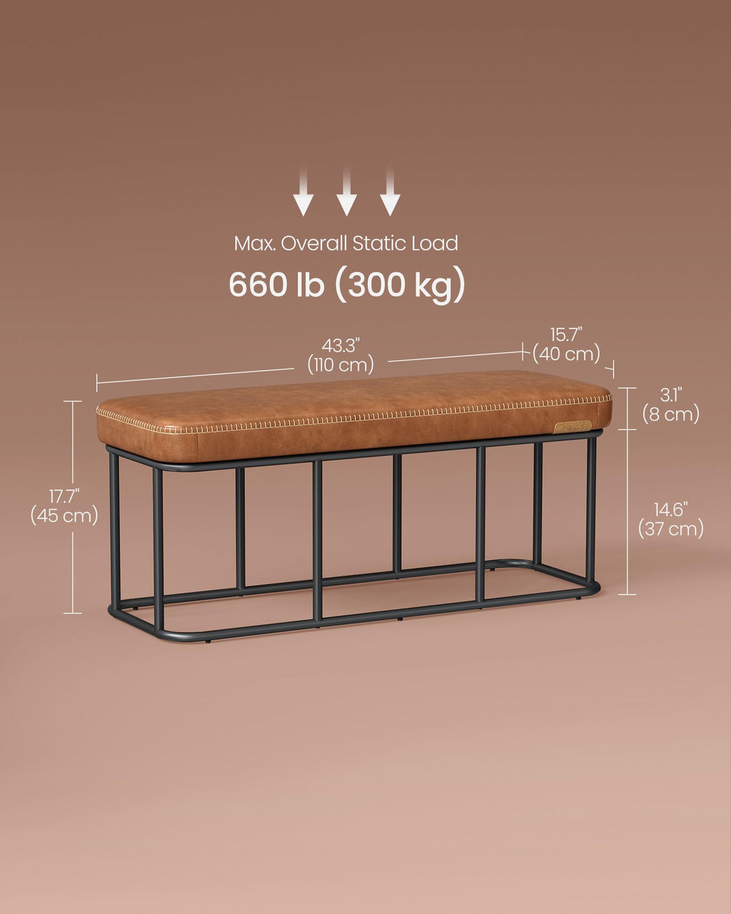 VASAGLE EKHO Collection - Storage Ottoman Bench, Entryway Bedroom Bench, 15 Gallons, Synthetic Leather with Stitching, Mid-Century Modern, Safety Hinges, Loads 660 lb, Caramel Brown ULOM074K01