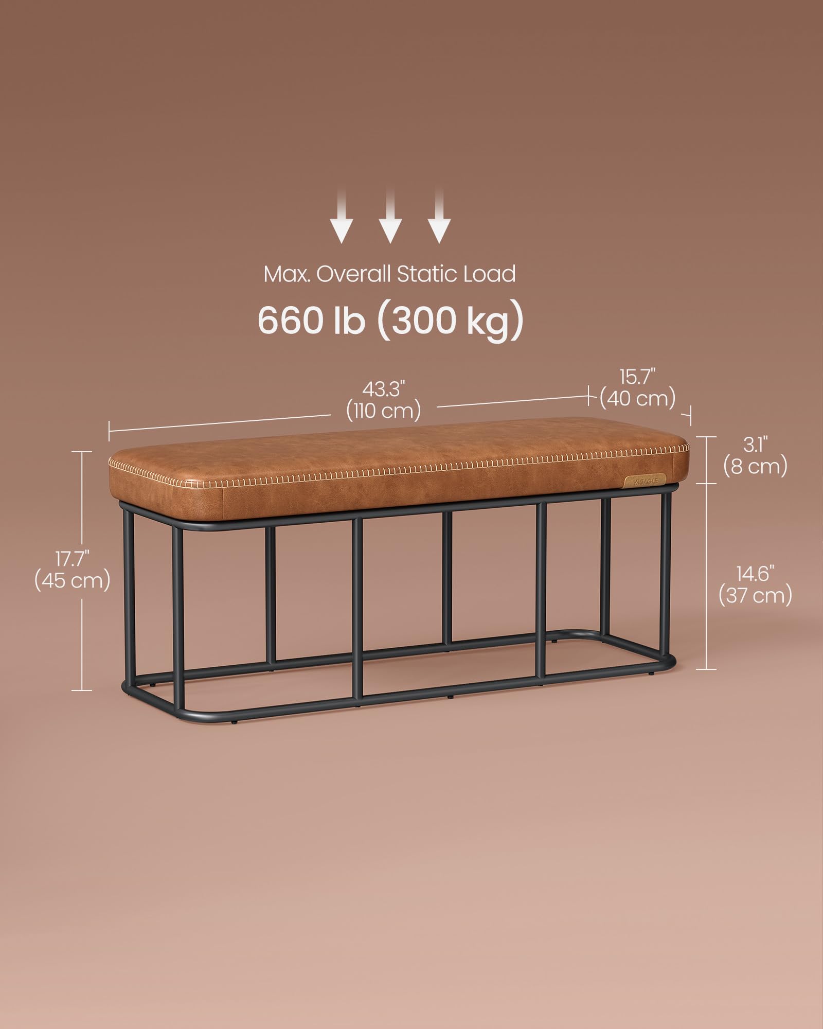 VASAGLE EKHO Collection - Storage Ottoman Bench, Entryway Bedroom Bench, 15 Gallons, Synthetic Leather with Stitching, Mid-Century Modern, Safety Hinges, Loads 660 lb, Caramel Brown ULOM074K01