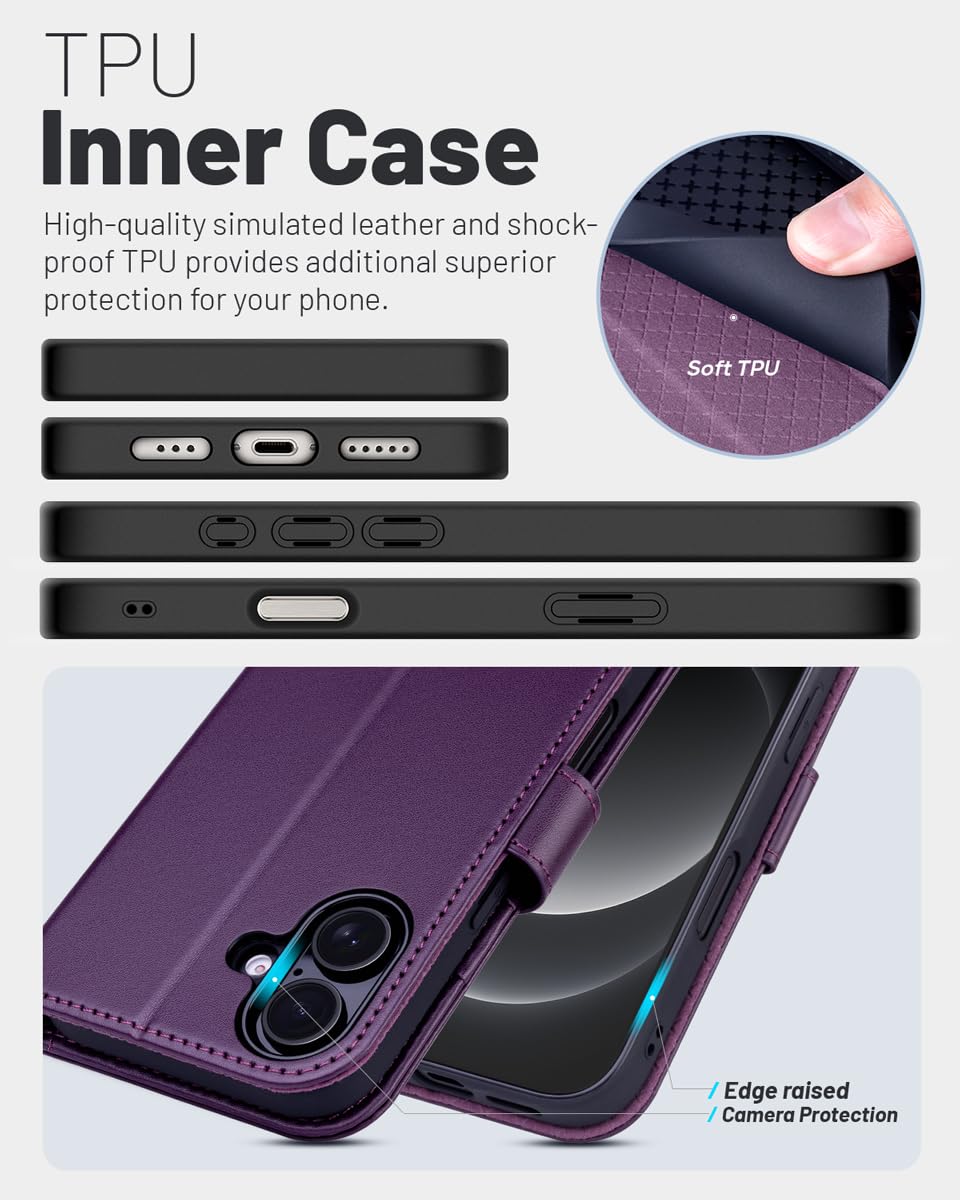 OCASE Compatible with iPhone 16 Wallet Case, PU Leather Flip Folio Case with Card Holders RFID Blocking Kickstand [Shockproof TPU Inner Shell] Phone Cover 6.1 Inch 2024, Black
