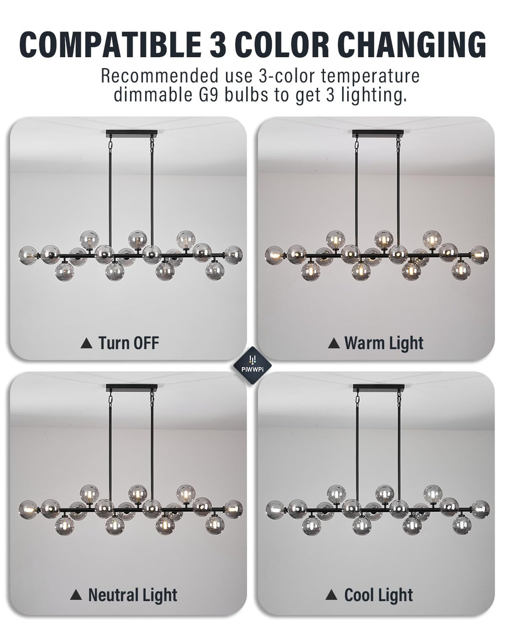 Modern Linear Chandeliers for Dining Room, 8-Light Globe Sputnik Pendant Ceiling Light, Black Dining Room Light Fixture Over Table, Mid Century Glass Milk White Bubble, 31.5 Inch, GC-09