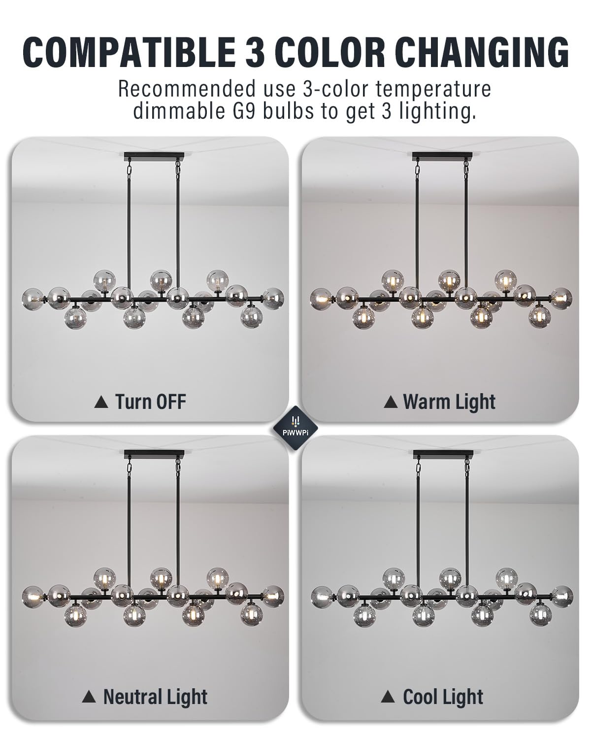 Modern Linear Chandeliers for Dining Room, 8-Light Globe Sputnik Pendant Ceiling Light, Black Dining Room Light Fixture Over Table, Mid Century Glass Milk White Bubble, 31.5 Inch, GC-09