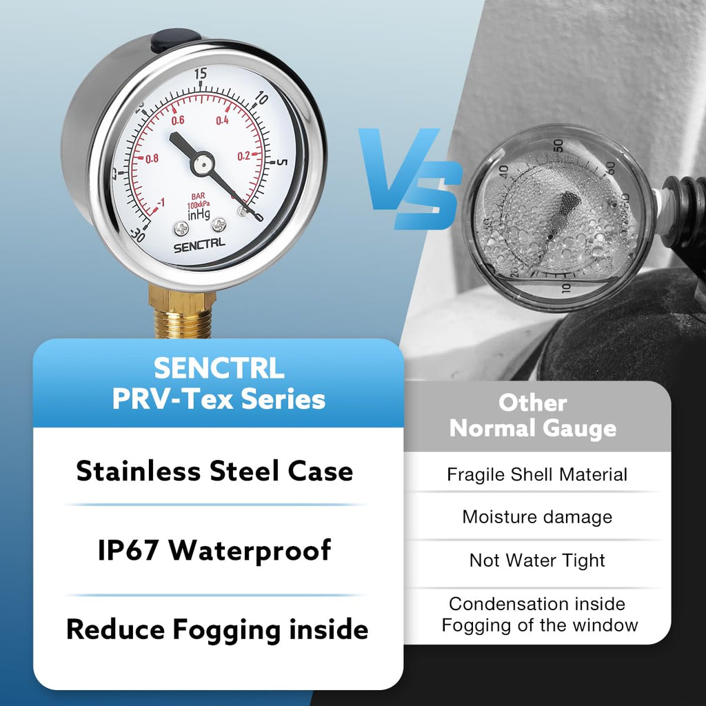 SENCTRL 30inHg Vacuum Pressure Gauge, 2" Dial, 1/8 NPT Lower Mount, Waterproof, Stainless Steel Case, for Tube Tester, HVAC, Pneumatic Air Compressor, Hand Pump, Valve Test