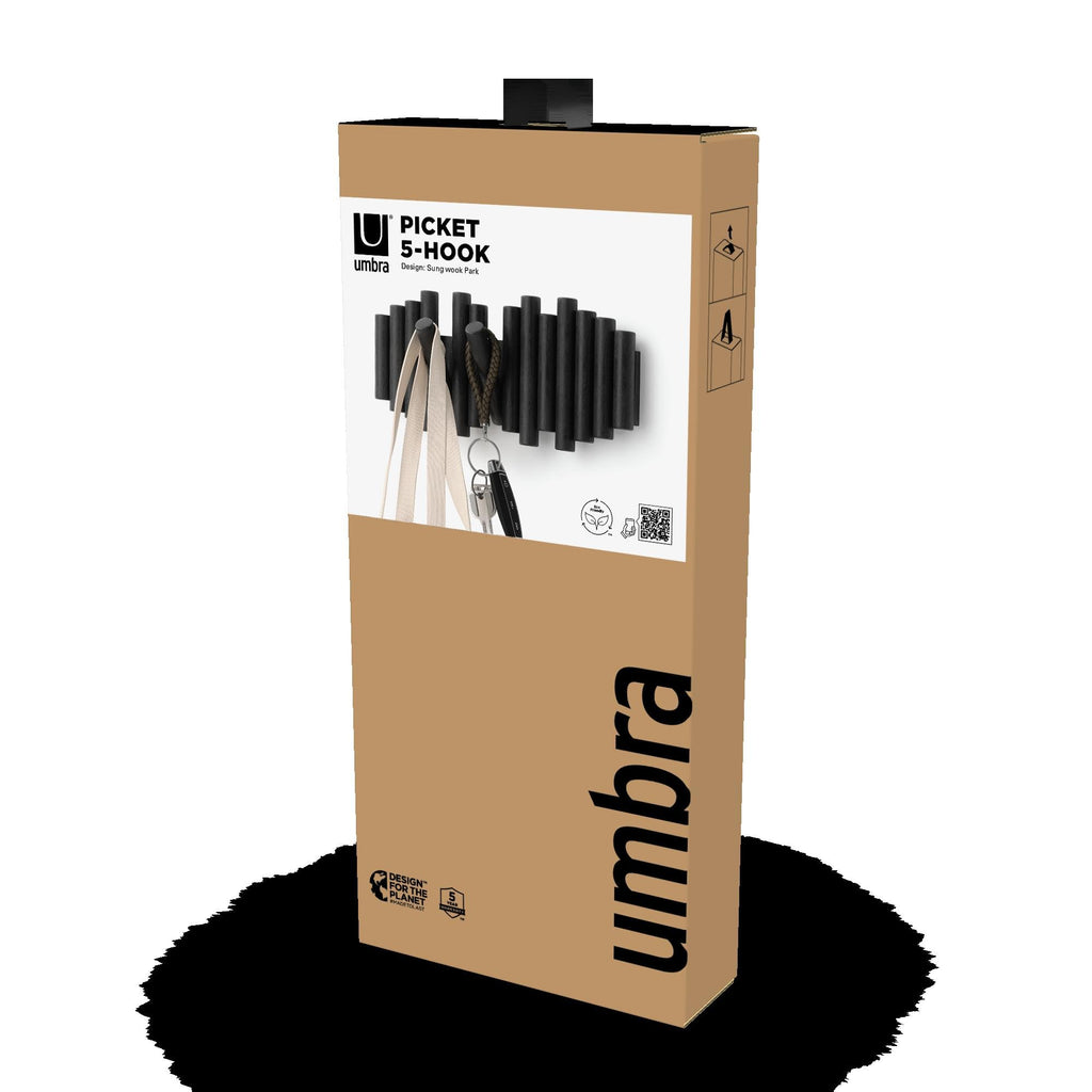 Umbra Picket Wall-Mounted Coat Rack Rail Hook with 5 Retractable Wood Pegs – Modern, Space-Saving Storage Organizer, Black