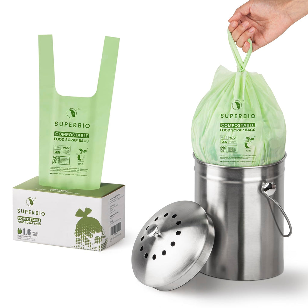 SUPERBIO 1.6 Gallon Handle Tie Compostable Food Scrap Bags, Small Compost Bags with Handles, 50 Count, 2 Pack, BPI & OK compost INDUSTRIAL