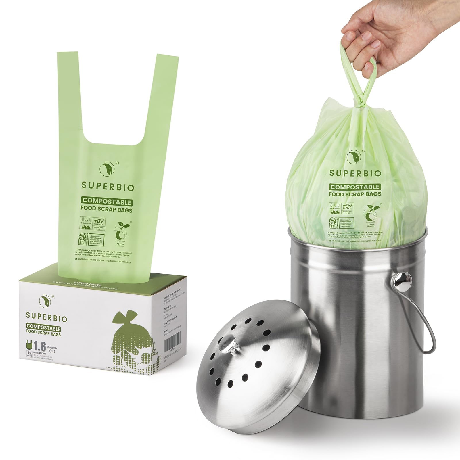 SUPERBIO 1.6 Gallon Handle Tie Compostable Food Scrap Bags, Small Compost Bags with Handles, 50 Count, 2 Pack, BPI & OK compost INDUSTRIAL