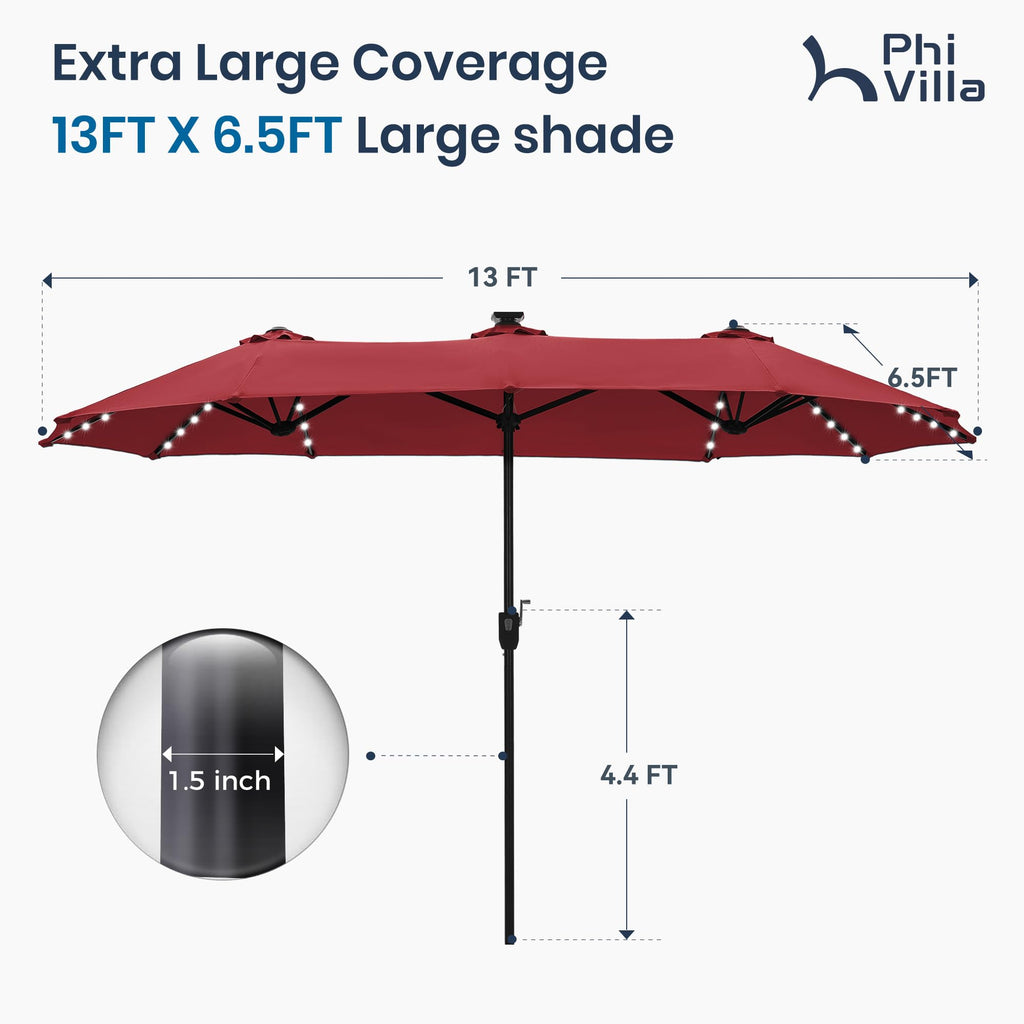 PHI VILLA 13ft Patio Umbrella with Solar-Powered 120 PCS LED Color-Changing Lights, Triple-Head Large Rectangle Umbrella Outdoor Patio for Table with Crank Lift,Beige(No Base)
