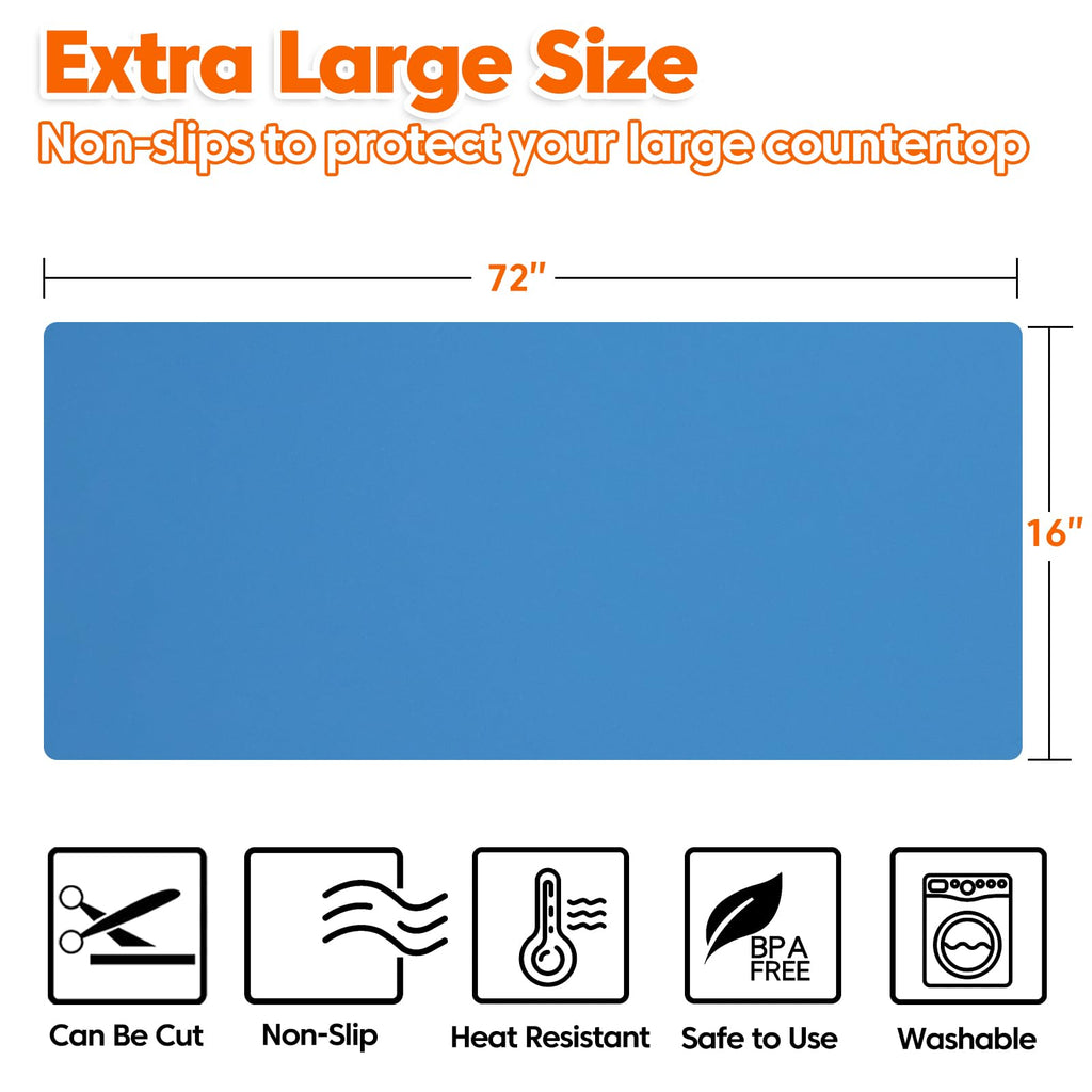 Large Silicone Mat, 72”x16” Heat Resistant Mats for Countertop, Cuttable Waterproof Kitchen Counter Mat, Multipurpose Countertop Protector Mat, Silicone Mats for Kitchen Counter (Black)