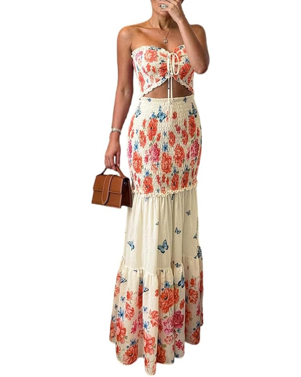 CHICME Floral Printed Vacation Dress Halter Tie Ruched Shirred Bandeau Party Dress Slim Ruffle Hem Wedding Guest Dress