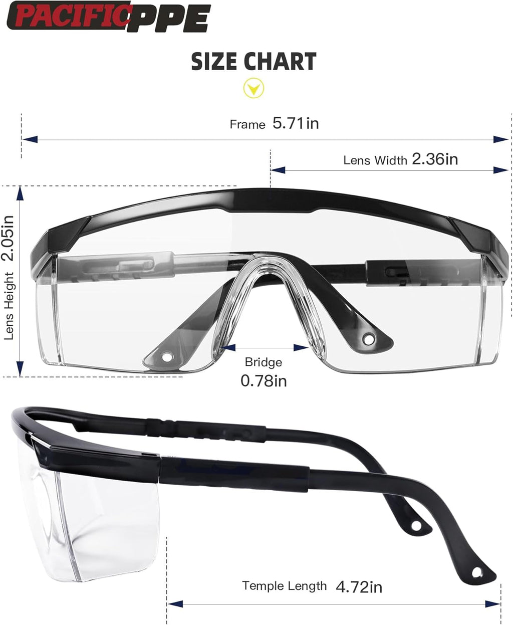 PACIFIC PPE 2 Pack Safety Glasses for Men and Women, ANSI Z87 Safety Goggles with Scratch Resistant Clear Wraparound Lenses, Adjustable Lab Goggles, UV Protection Lab Glasses