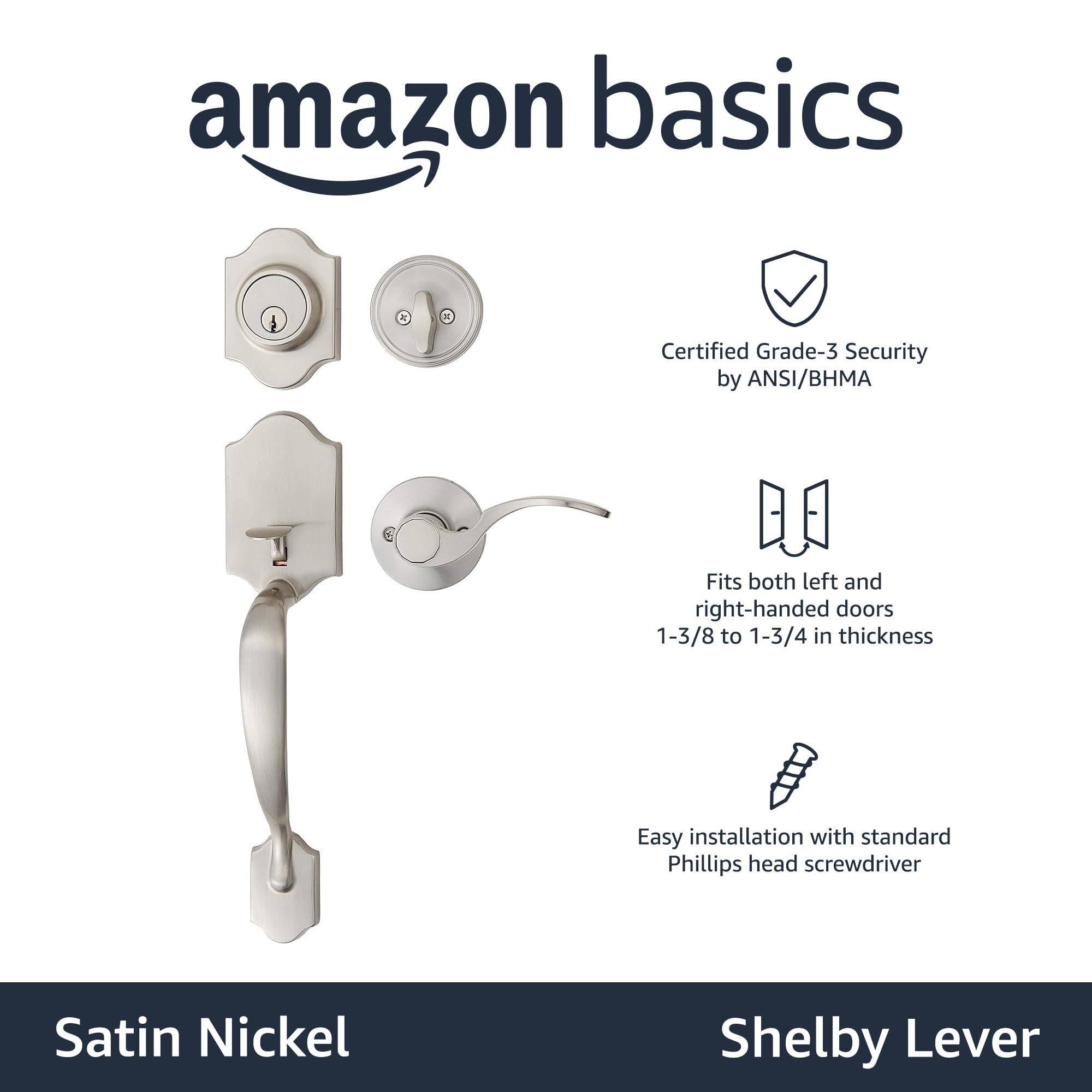 Amazon Basics Front Door Lock Set, Handleset with Shelby Lever, Single Cylinder, Easy to Install, Oil Bronze, Grade-3 Security