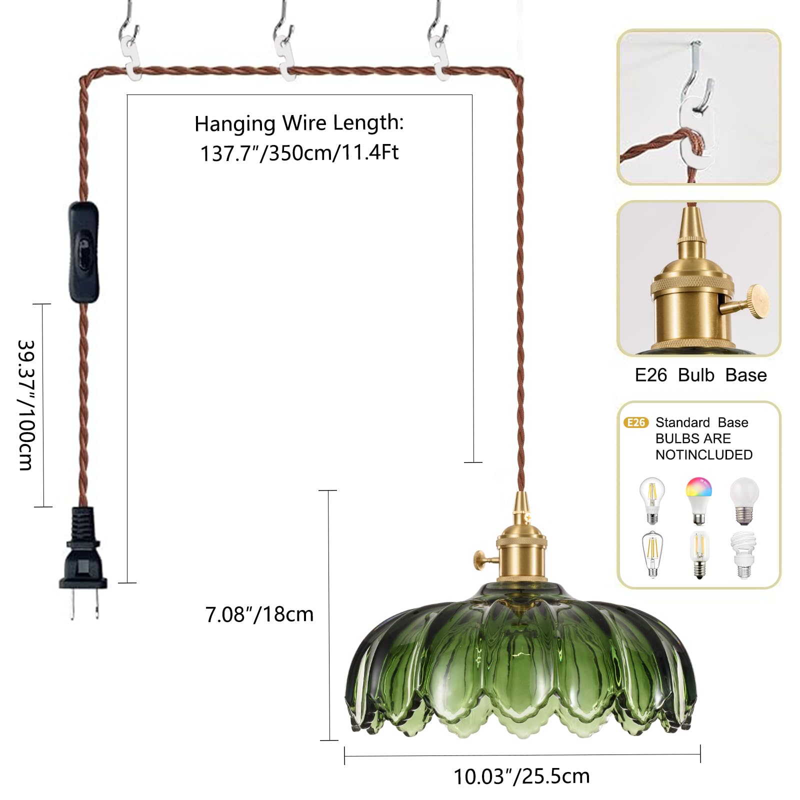 XZHGCEE Plug in Pendant Light: Amber Hanging Lamp Plug in Pendant Lamp, Glass Pendant Lighting for Kitchen Island, Bedroom, Dining Room, Living Room, No Bulb