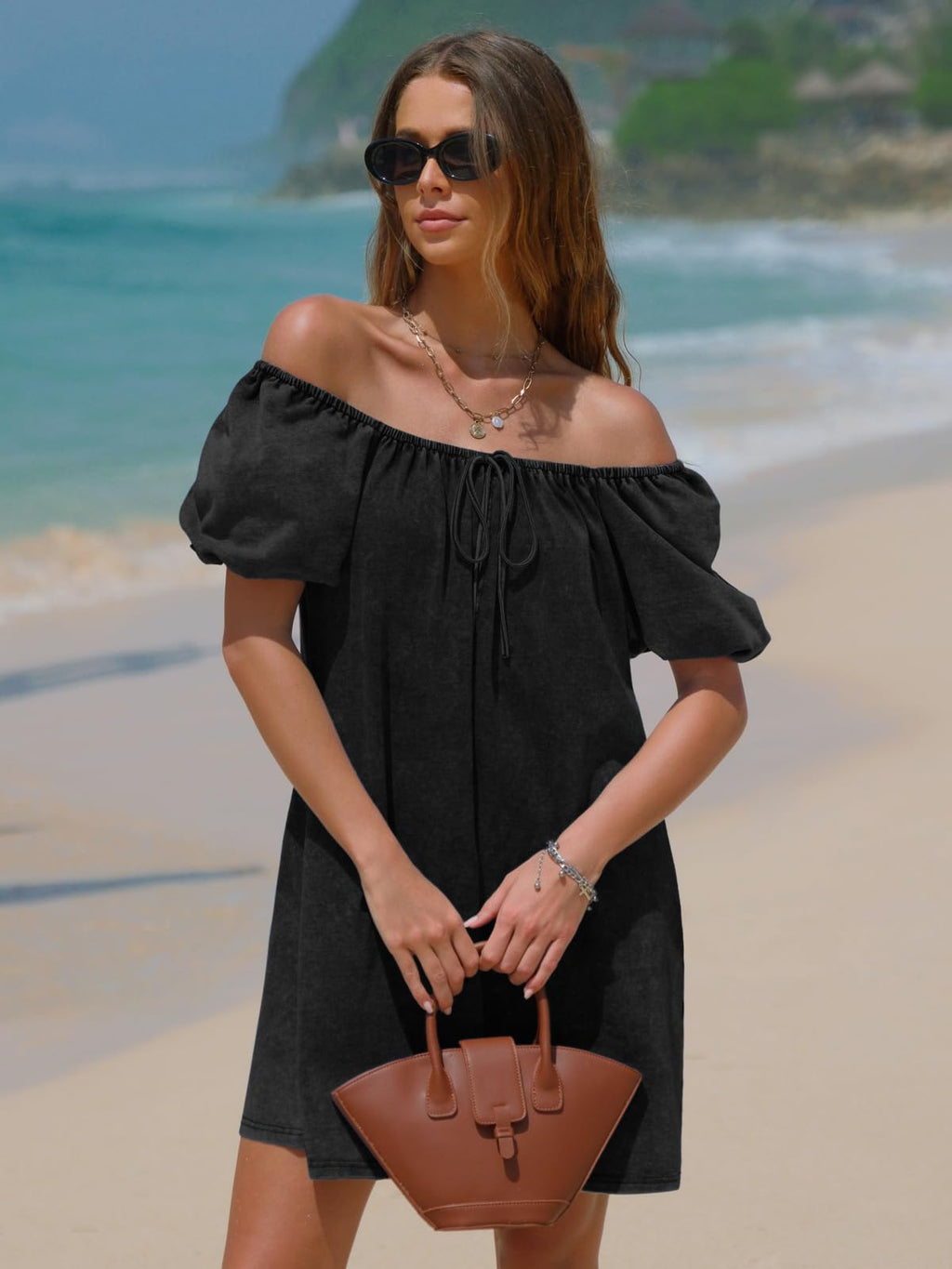 EXLURA Womens Summer Denim Short Puff Sleeve Dresses Knit Loose Plus Size Short Mini Dress 2026 Trendy Spring Outfits