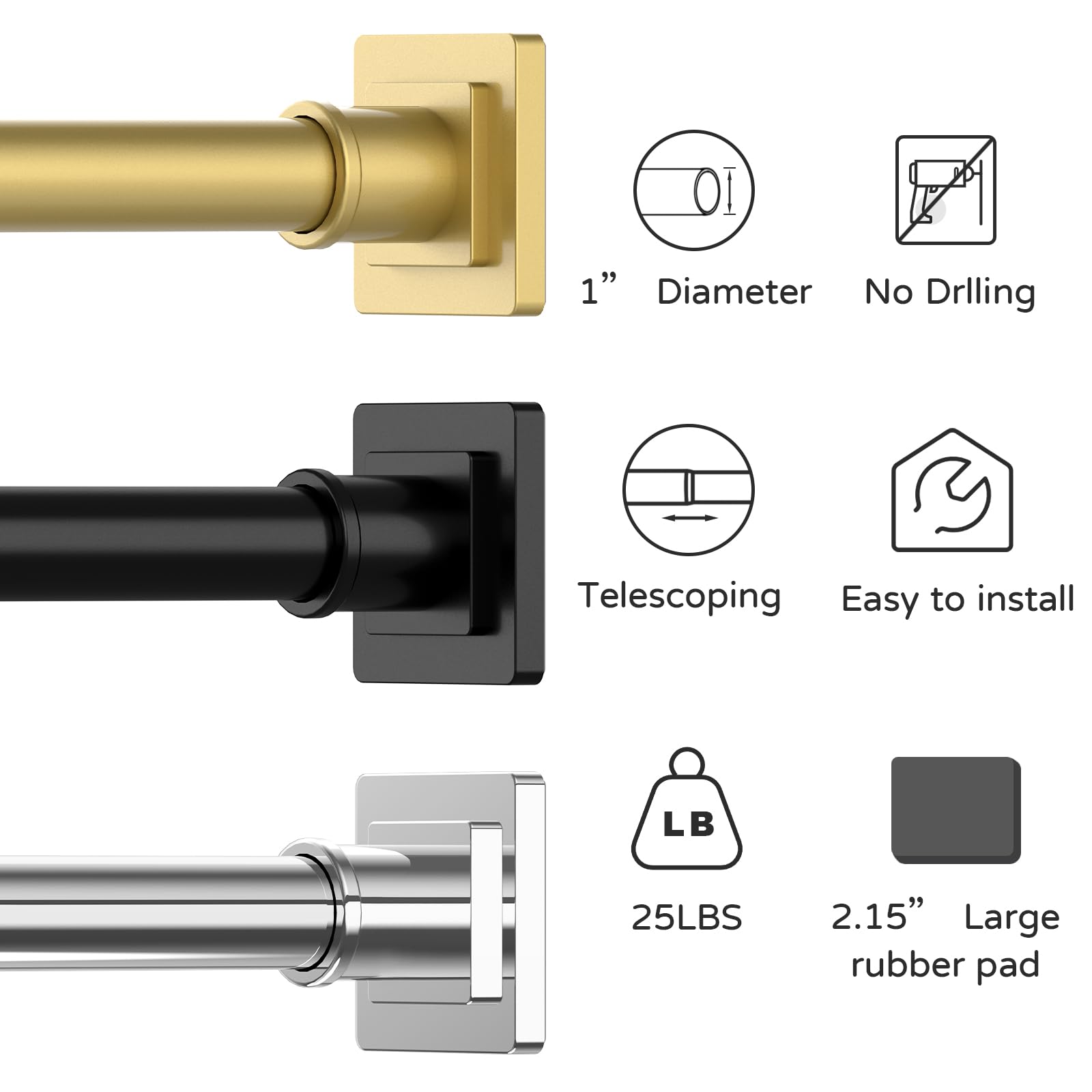 UIOSANRT Tension Shower Curtain Rod 31-55 Inches Non-Slip Shower Rod Tension Mounted No Drill Black Shower Curtain Rods Spring Tension Rod Adjustable Tension Curtain Rod for Windows Bathroom