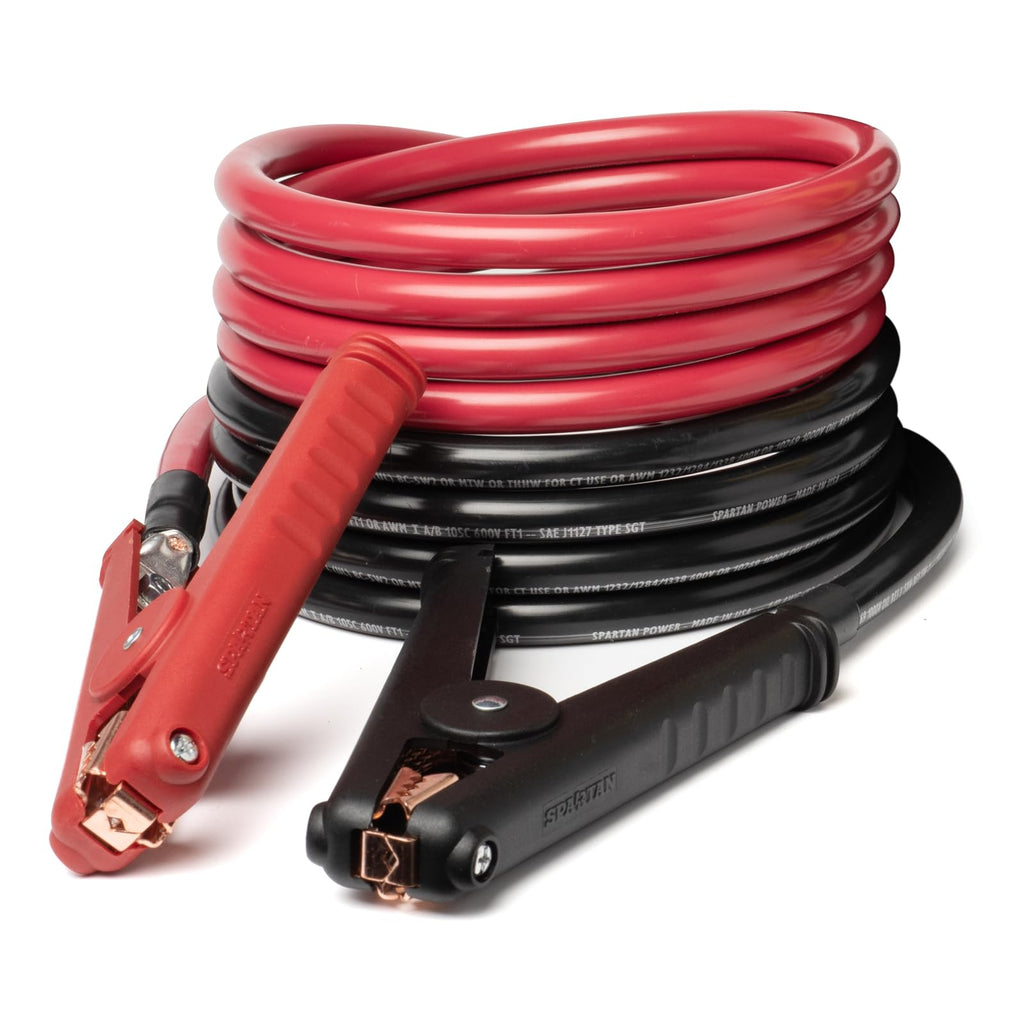 Spartan Power Heavy Duty Jumper Cables with Alligator Clips, 100% Pure Copper Wire, Positive & Negative Leads Battery Cable, Made in the USA - 1/0 AWG Gauge Cable, 10 ft